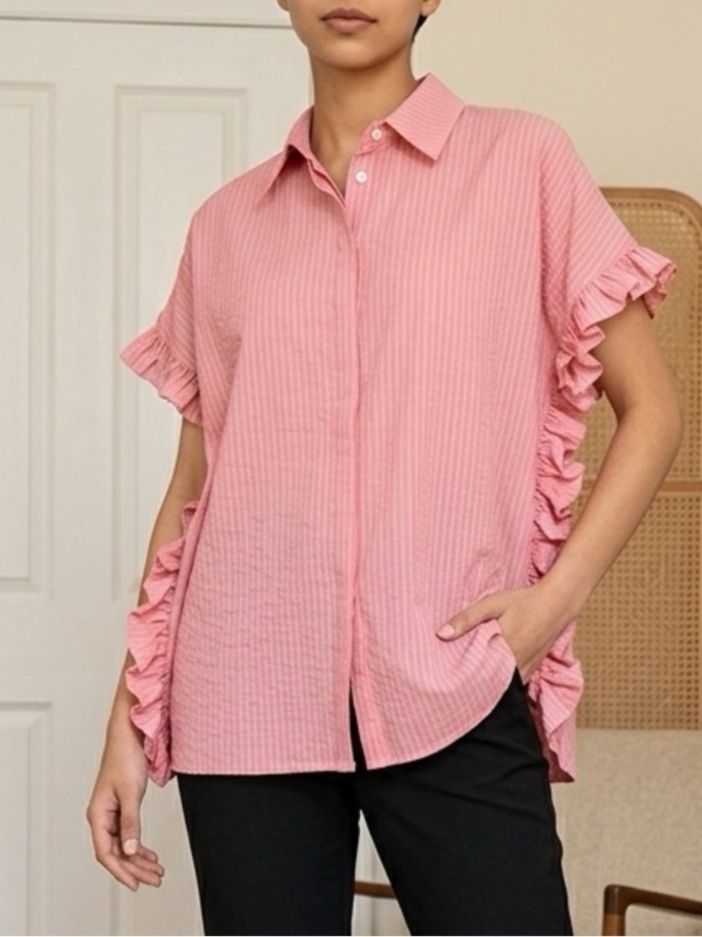 Harshman Darcy pink seersucker oversized ruffled cap sleeve button-down XS/L